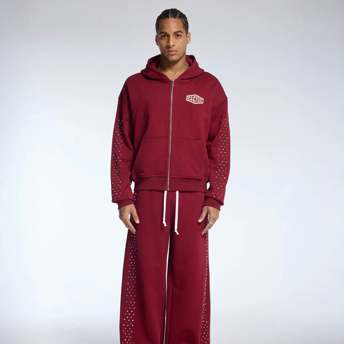 AZVA Maroon Crystal Cactus Zip Hoodie