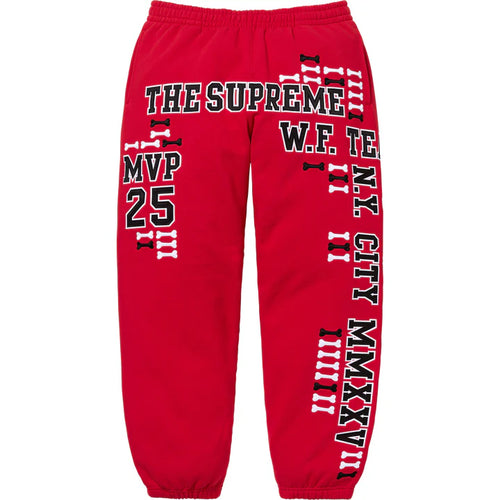 Supreme Red League Champs Sweatpants, red sweatpants with white and black varsity lettering running down both legs and elastic cuffs