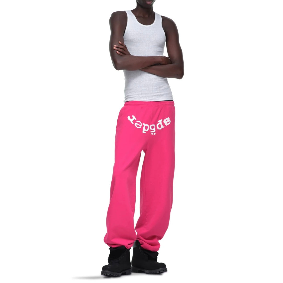 Sp5der Pink White Legacy Sweatpants On Body Front Male