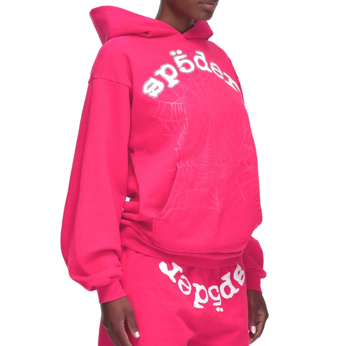 Sp5der Pink White Rhinestone Legacy Hoodie On Body Front Right View Female