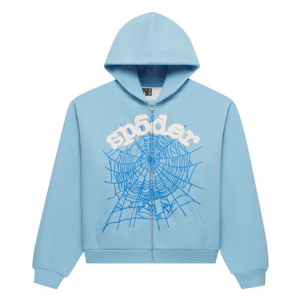Sp5der Sky Blue OG Web Zip Hoodie, flat sky blue zip-up with a white puff wordmark above a blue spider web print