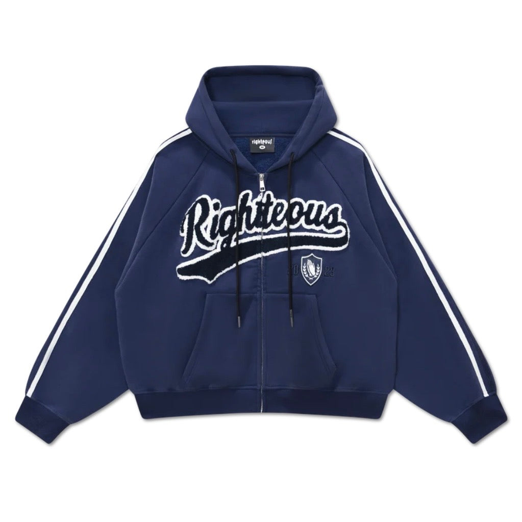 We Are Righteous Navy Anchor Of Faith Zip Up front with chenille script, crest and white sleeve stripes