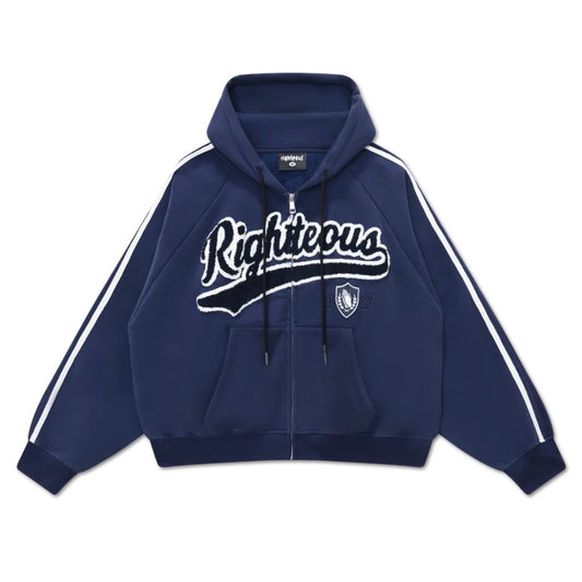 We Are Righteous Navy Anchor Of Faith Zip Up front with chenille script, crest and white sleeve stripes