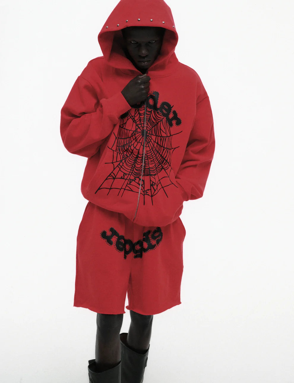 Sp5der Red OG Web Studded Zip Hoodie