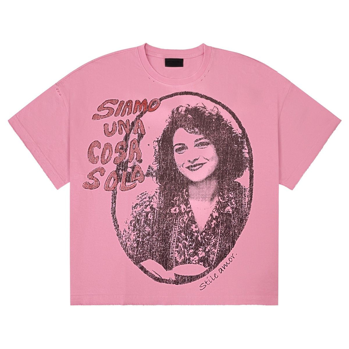 Stile De Amor Pink Cosa Sola T-Shirt, pink tee printed with a smiling woman in an oval frame and SIAMO UNA COSA SOLA
