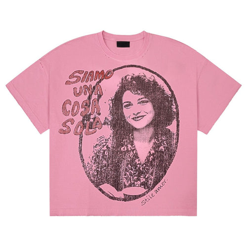 Stile De Amor Pink Cosa Sola T-Shirt, pink tee printed with a smiling woman in an oval frame and SIAMO UNA COSA SOLA