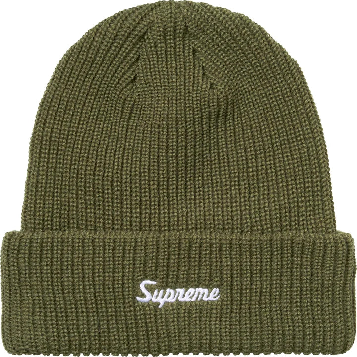 Olive green chunky ribbed beanie with white Supreme script on the folded cuff