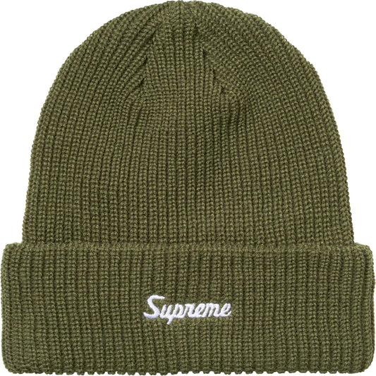 Olive green chunky ribbed beanie with white Supreme script on the folded cuff