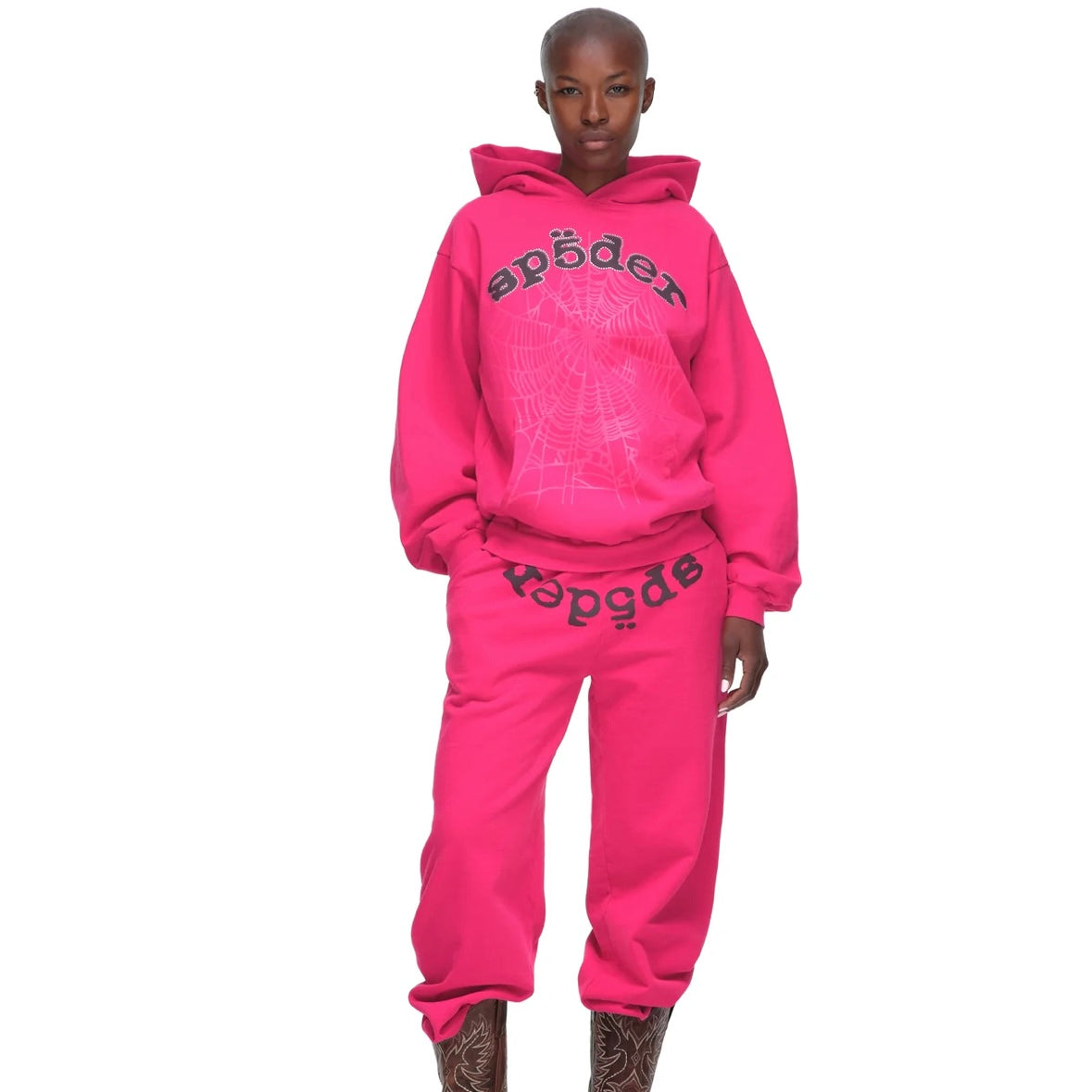Sp5der Pink Black Rhinestone Legacy Hoodie On Body Full Outfit