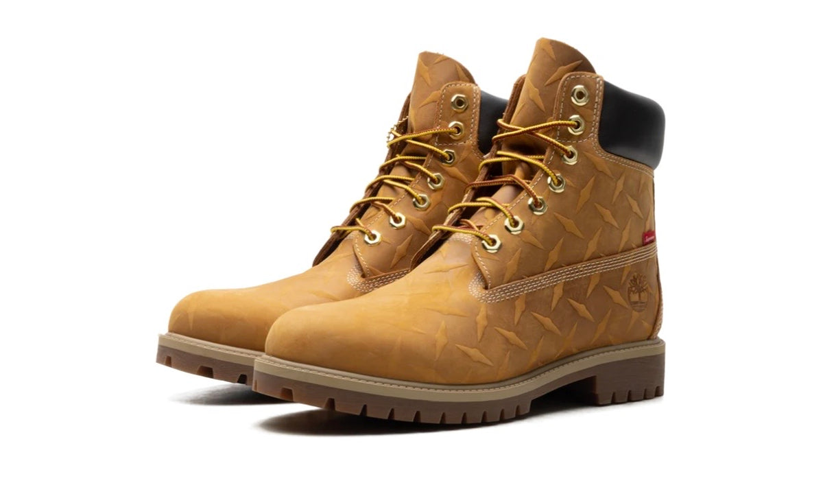 Timberland Supreme Wheat Diamond Plate 6" Boot, front three-quarter view of the pair with wheat laces