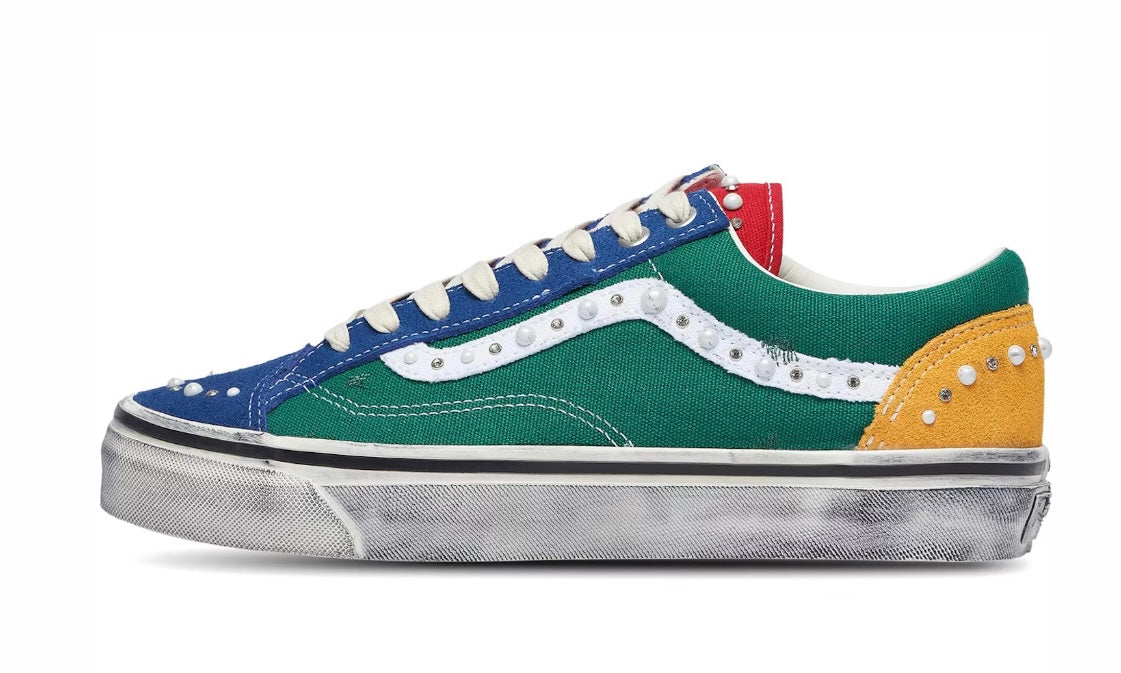 Vans LX Old Skool 36 Pearlized Yacht Club side view with pearl-studded sidestripe and aged white foxing