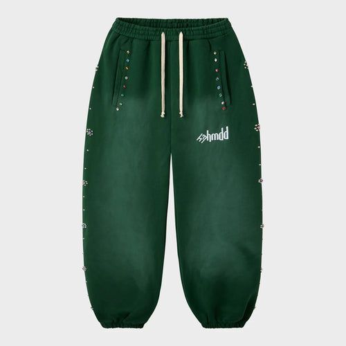 HMDD Green Flower Studded Scrunch Sweatpants, green sweats studded down the fly and legs with a white script logo on the thigh