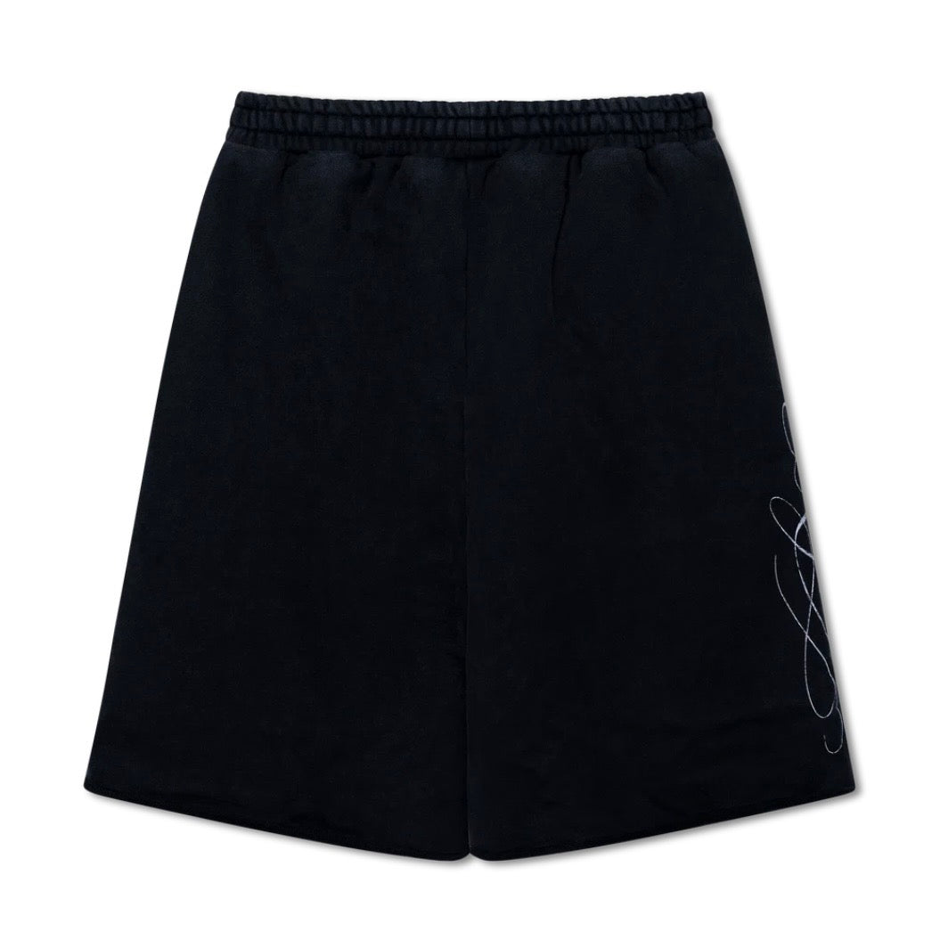 We Are Righteous Black Everyday Sweatshorts back view with tonal script outline on the right leg