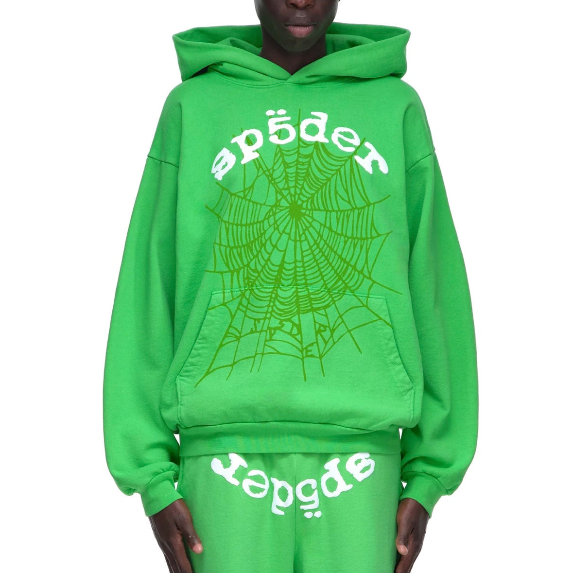 Sp5der Green White Legacy Hoodie On Body Front Male