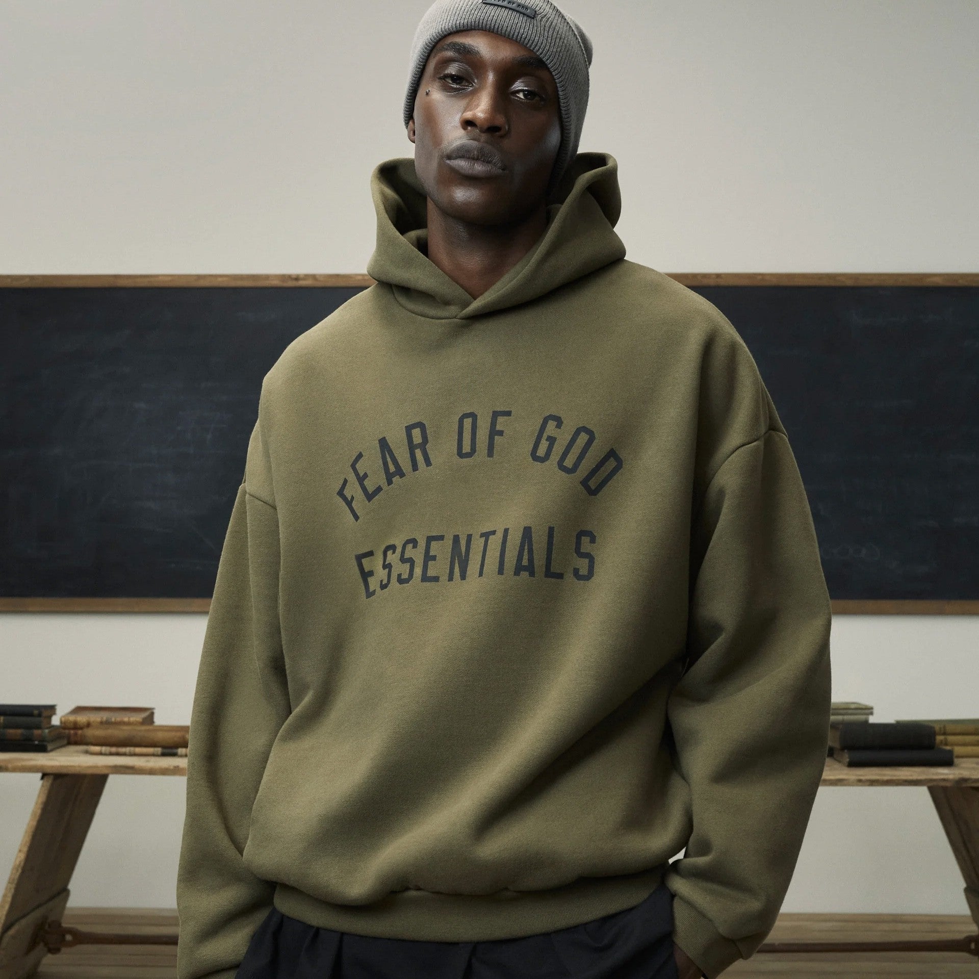 Fear of God Essentials Olive Fleece Hoodie On Body