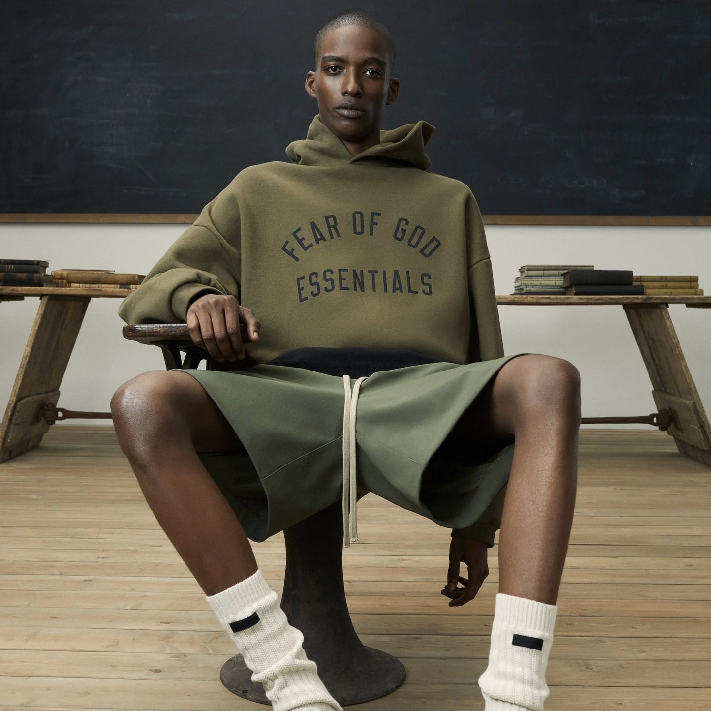 Fear of God Essentials Olive Fleece Hoodie On Body 