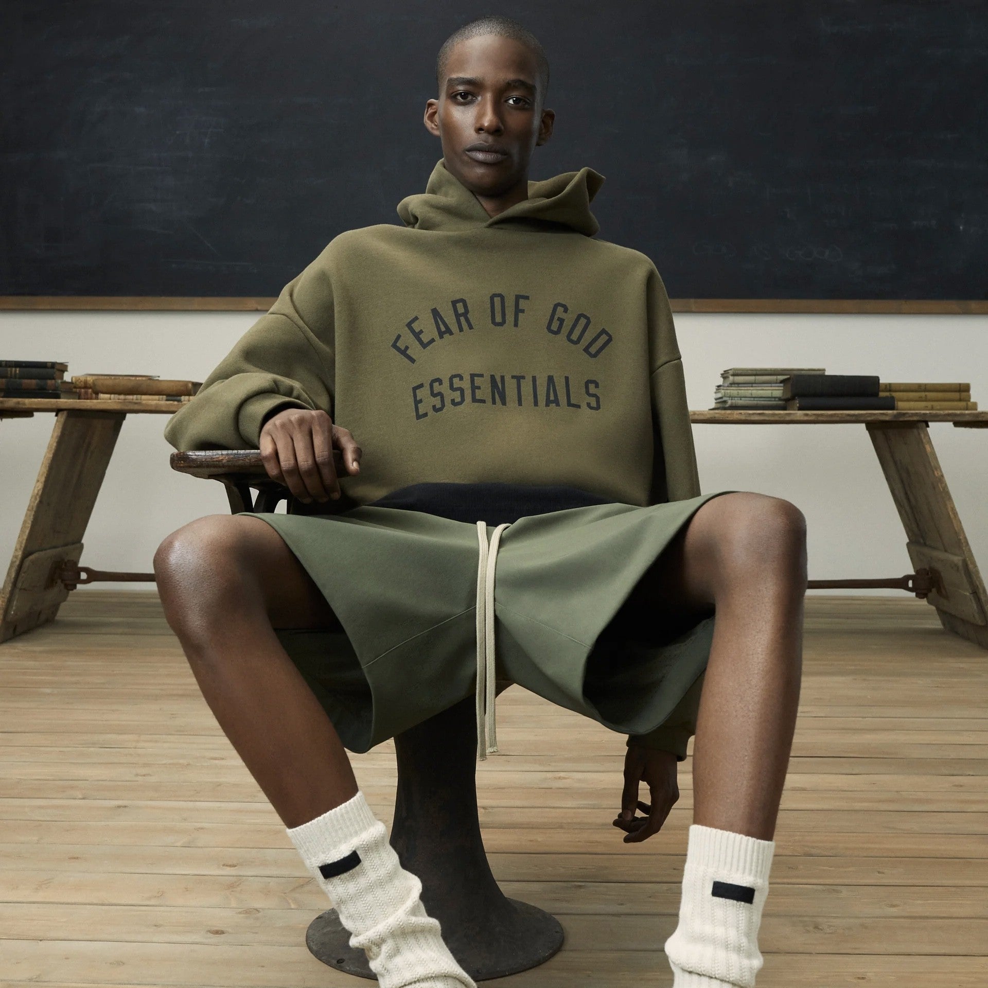 Fear of God Essentials Olive Fleece Hoodie On Body 
