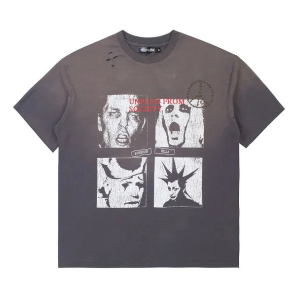 Boredom Kills Scream Studded T-Shirt, faded charcoal tee with four black-and-white screaming-face panels, red top text and distress holes