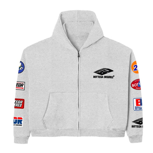 Bottega Desires Grey Patches Zip Hoodie, heather grey zip-up hoodie with sponsor patches down both sleeves and a black chest logo