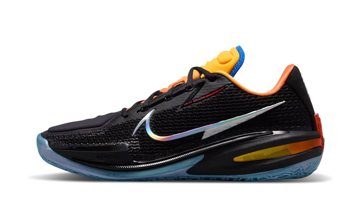 Nike Air Zoom GT Cut Titan Dylan Harper Black Multi, side view of a black knit low-top with an iridescent silver Swoosh, orange heel and collar and a translucent icy blue outsole