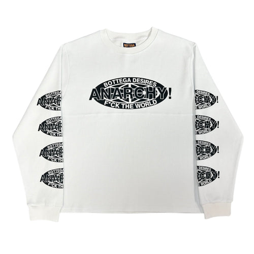 Bottega Desires Reconstructed Anarchy Thermal Long Sleeve, white crewneck with black oval ANARCHY! chest print and repeated sleeve logos