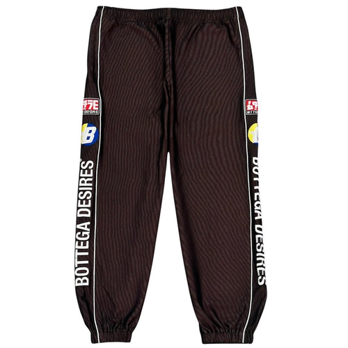 Bottega Desires Racing Tracksuit Track Pants, dark pinstriped track pants with white piping, vertical lettering and elastic ankle cuffs