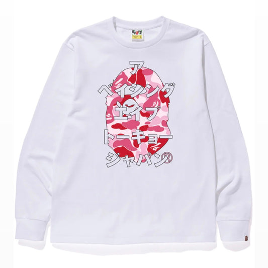 Bape White Pink Japanese Letters Long Sleeve Front View