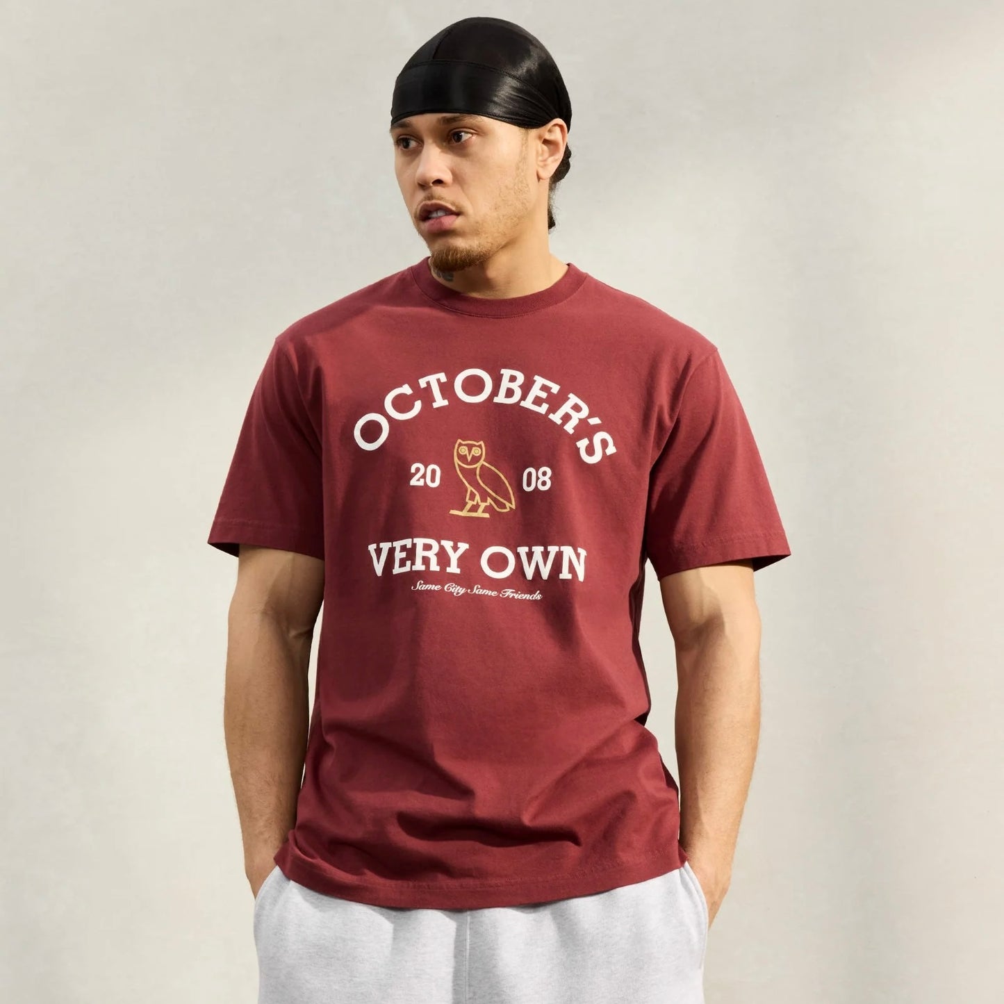 OVO Burgundy Collegiate T-Shirt On Body