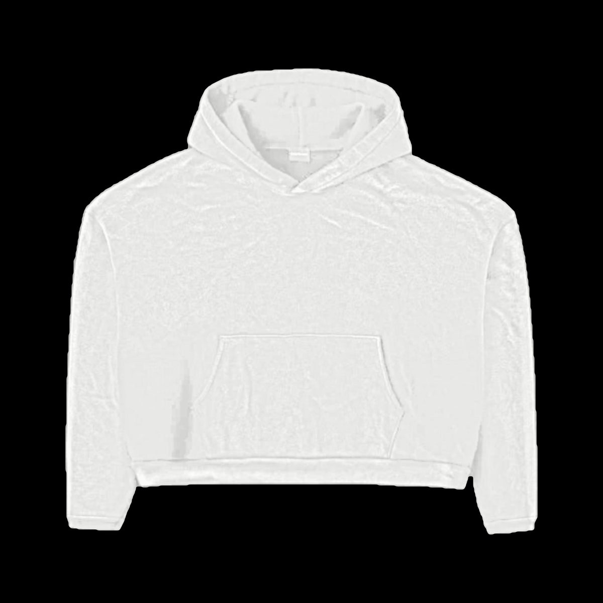 GV Gallery Blonde Hoodie, front of the white hoodie with kangaroo pocket and cropped ribbed hem