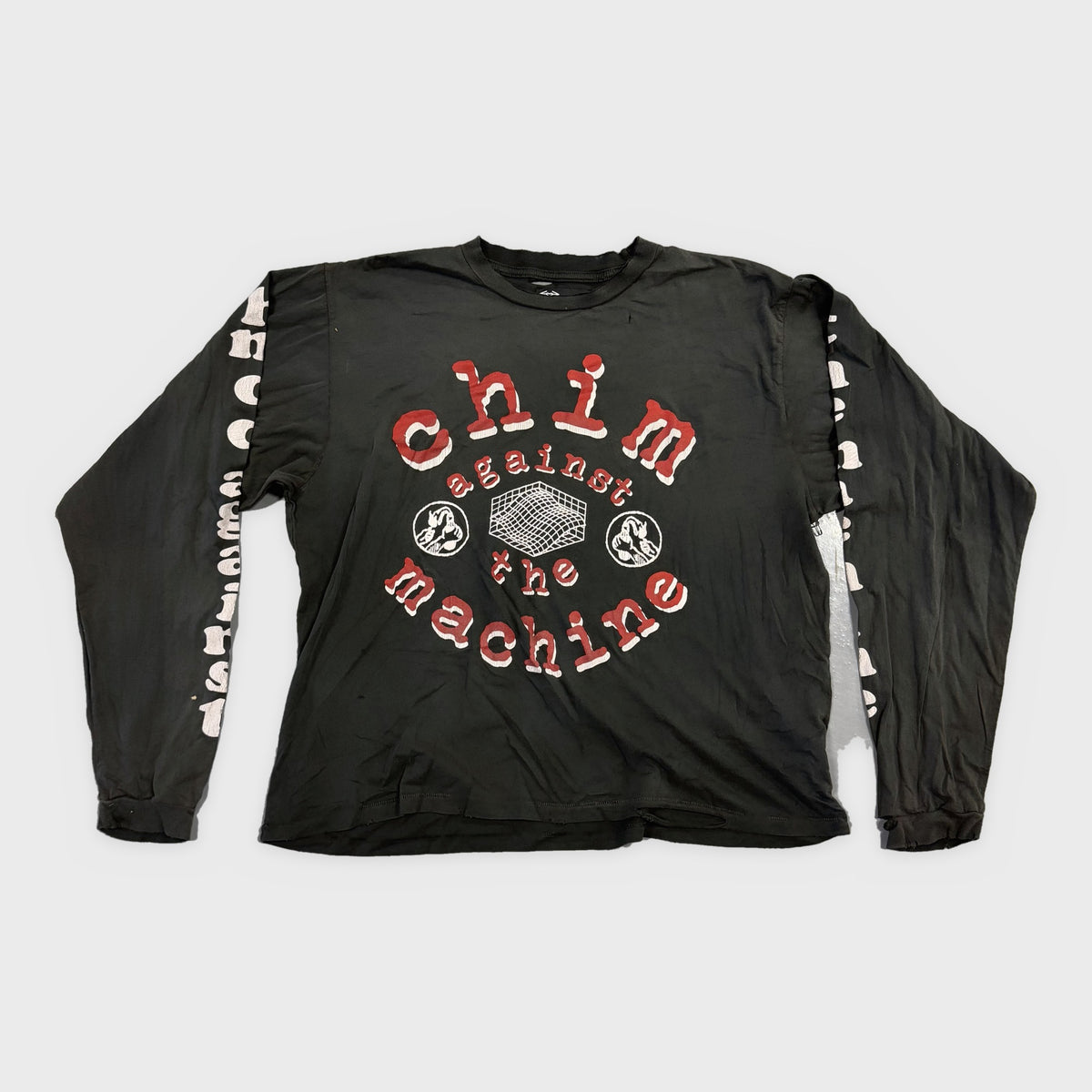 HMDD Black Chim Against The Machine Long Sleeve, faded black long sleeve with a red and white Chim Against The Machine circle graphic