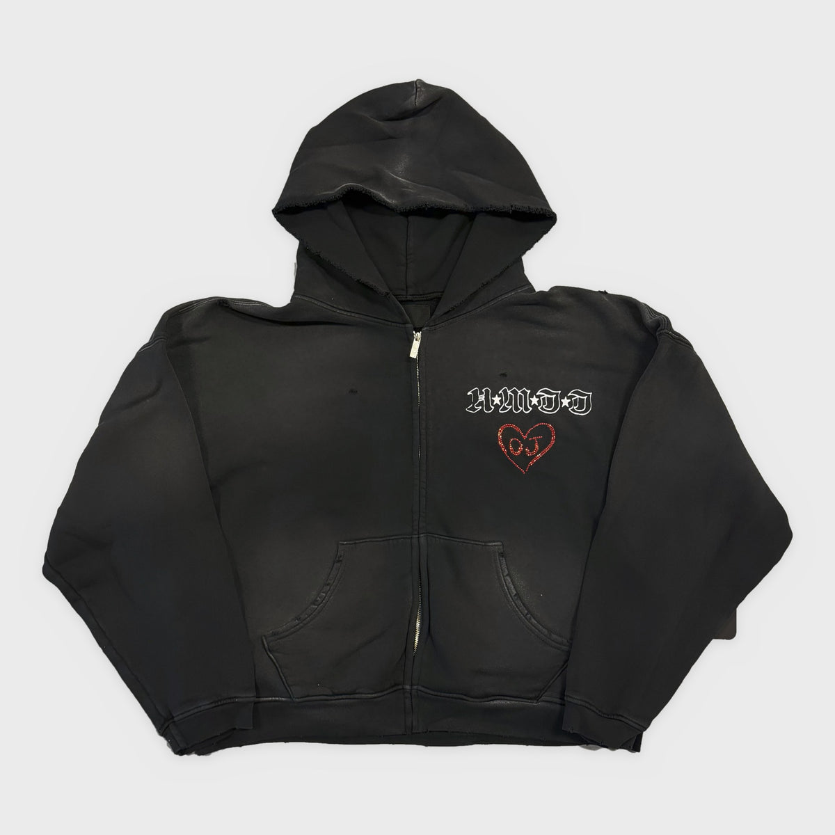 HMDD Black OJ Zip Hoodie, faded black zip hoodie with a white Old English HMDD chest logo and red OJ heart