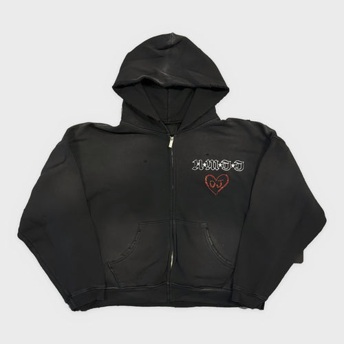 HMDD Black OJ Zip Hoodie, faded black zip hoodie with a white Old English HMDD chest logo and red OJ heart