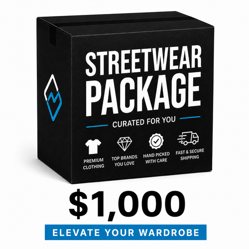 $1,000 Streetwear Package, black box graphic reading Streetwear Package Curated For You above a blue Elevate Your Wardrobe banner