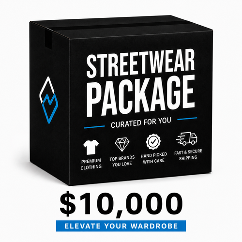$10,000 Streetwear Package, black box graphic reading Streetwear Package Curated For You with a $10,000 price and blue banner