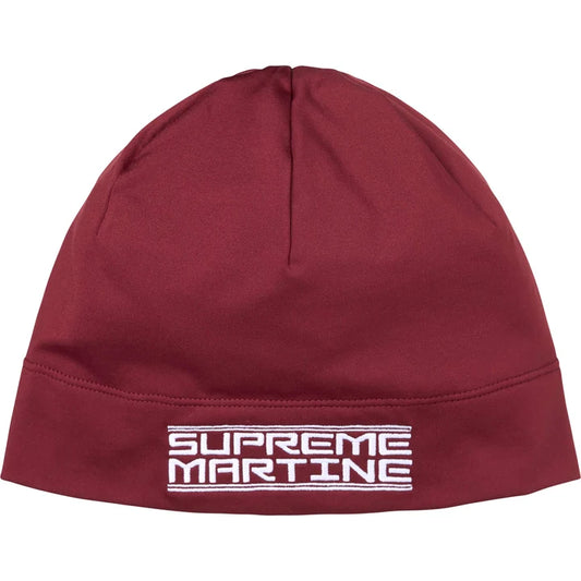 Supreme x Martine Rose Red Base Layer Beanie in a deep red stretch fabric with white Supreme Martine graphic on the cuff