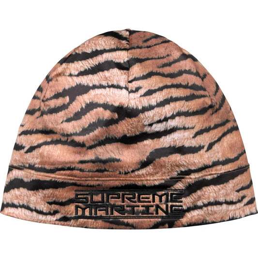 Supreme x Martine Rose Tiger Base Layer Beanie in orange and black tiger-stripe print with black Supreme Martine graphic