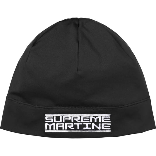 Supreme x Martine Rose Black Base Layer Beanie, a fitted stretch skull cap with white Supreme Martine graphic on the cuff