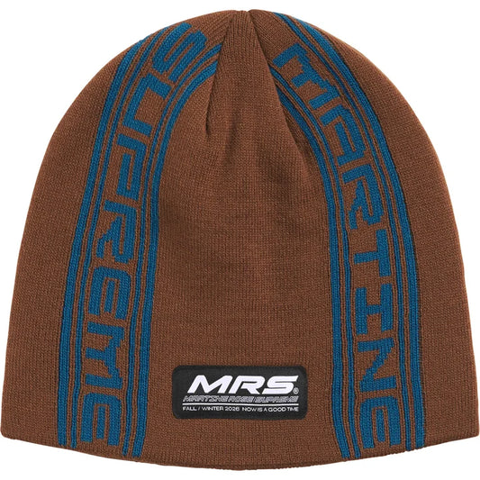 Supreme x Martine Rose Brown Jacquard Beanie front with teal-blue Supreme and Martine knit stripes and MRS patch