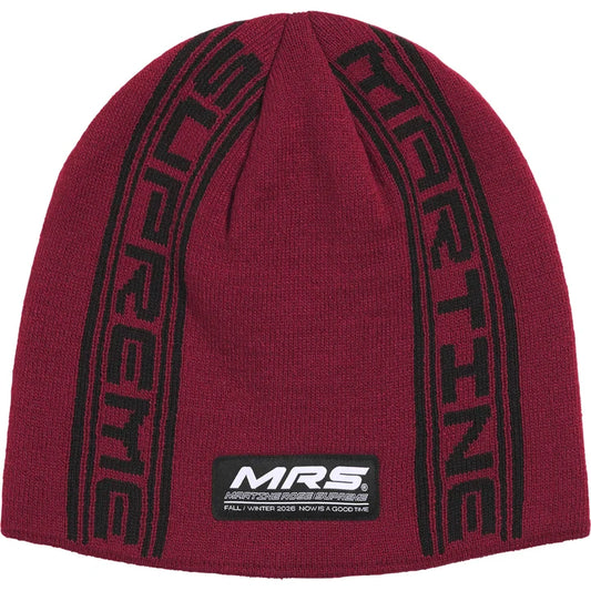 Supreme x Martine Rose Red Jacquard Beanie front with black Supreme and Martine knit stripes and MRS patch