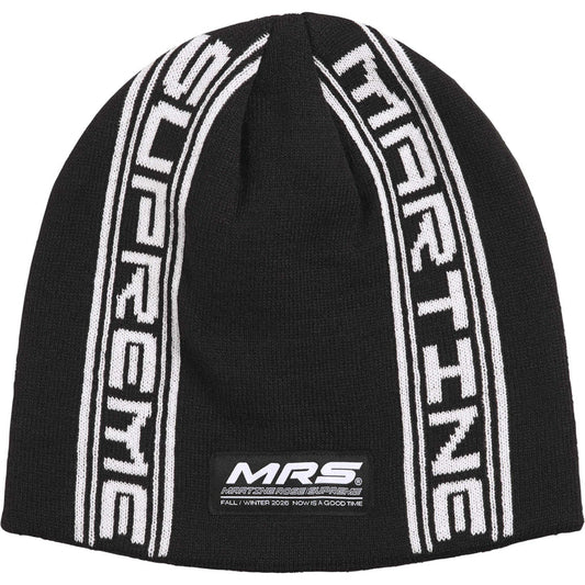 Supreme x Martine Rose Black Jacquard Beanie front with white Supreme and Martine knit stripes and MRS patch