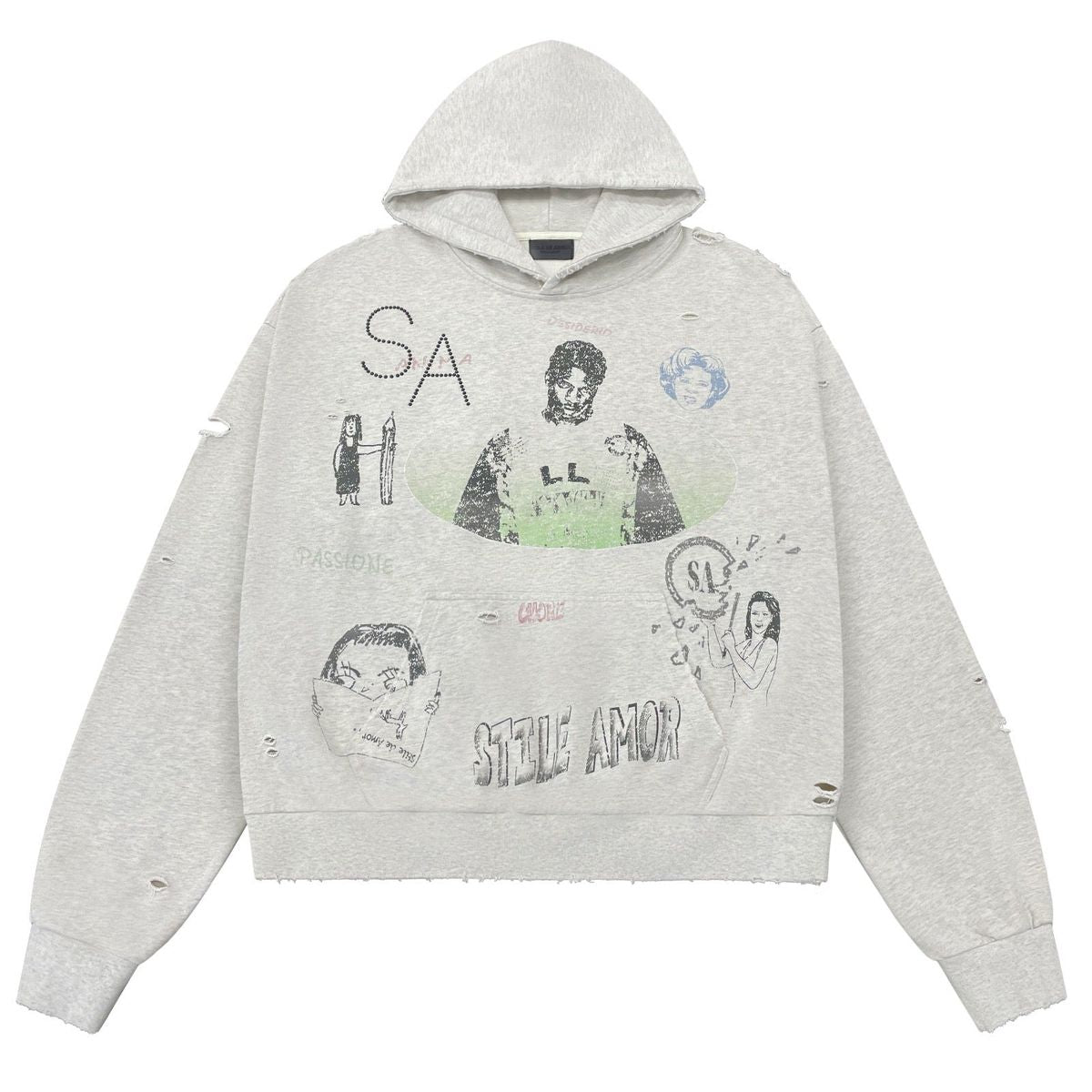 Stile De Amor Animato Hoodie front in heather grey with sketch portraits, rhinestone SA and Stile Amor script