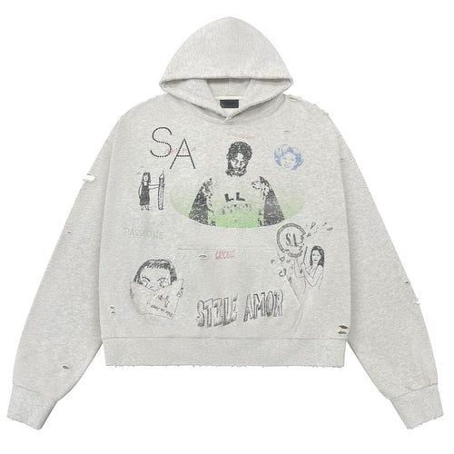 Stile De Amor Animato Hoodie front in heather grey with sketch portraits, rhinestone SA and Stile Amor script