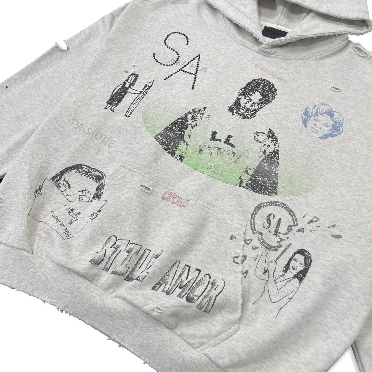 Close-up of the sketch portraits and green graphic on the Animato Hoodie