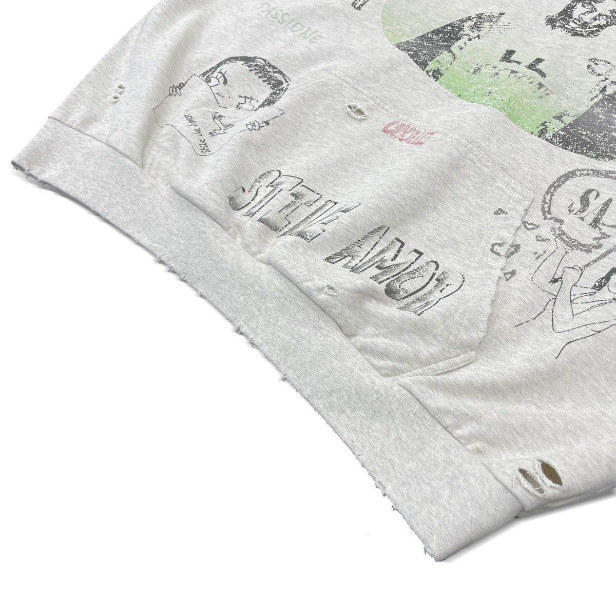 Close-up of the frayed hem and Stile Amor script on the Stile De Amor Animato Hoodie