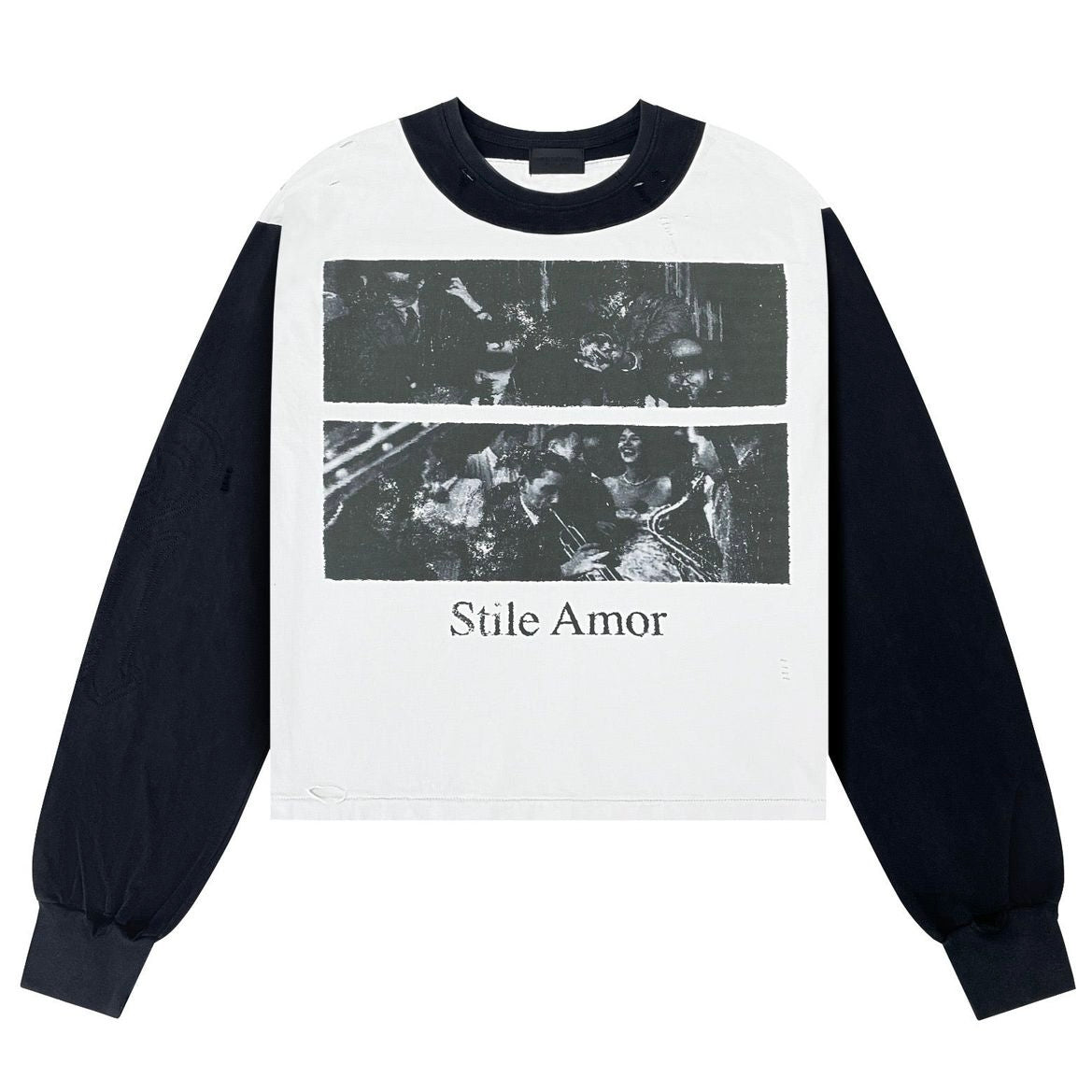 Stile De Amor Biocolore V2 Long Sleeve front with white body, black sleeves and two black and white photo panels