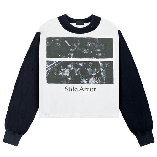 Stile De Amor Biocolore V2 Long Sleeve front with white body, black sleeves and two black and white photo panels