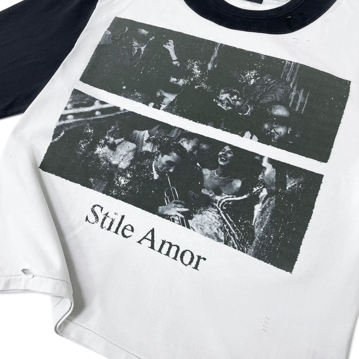 Close-up of the stacked photo panels and Stile Amor text on the Biocolore V2 Long Sleeve