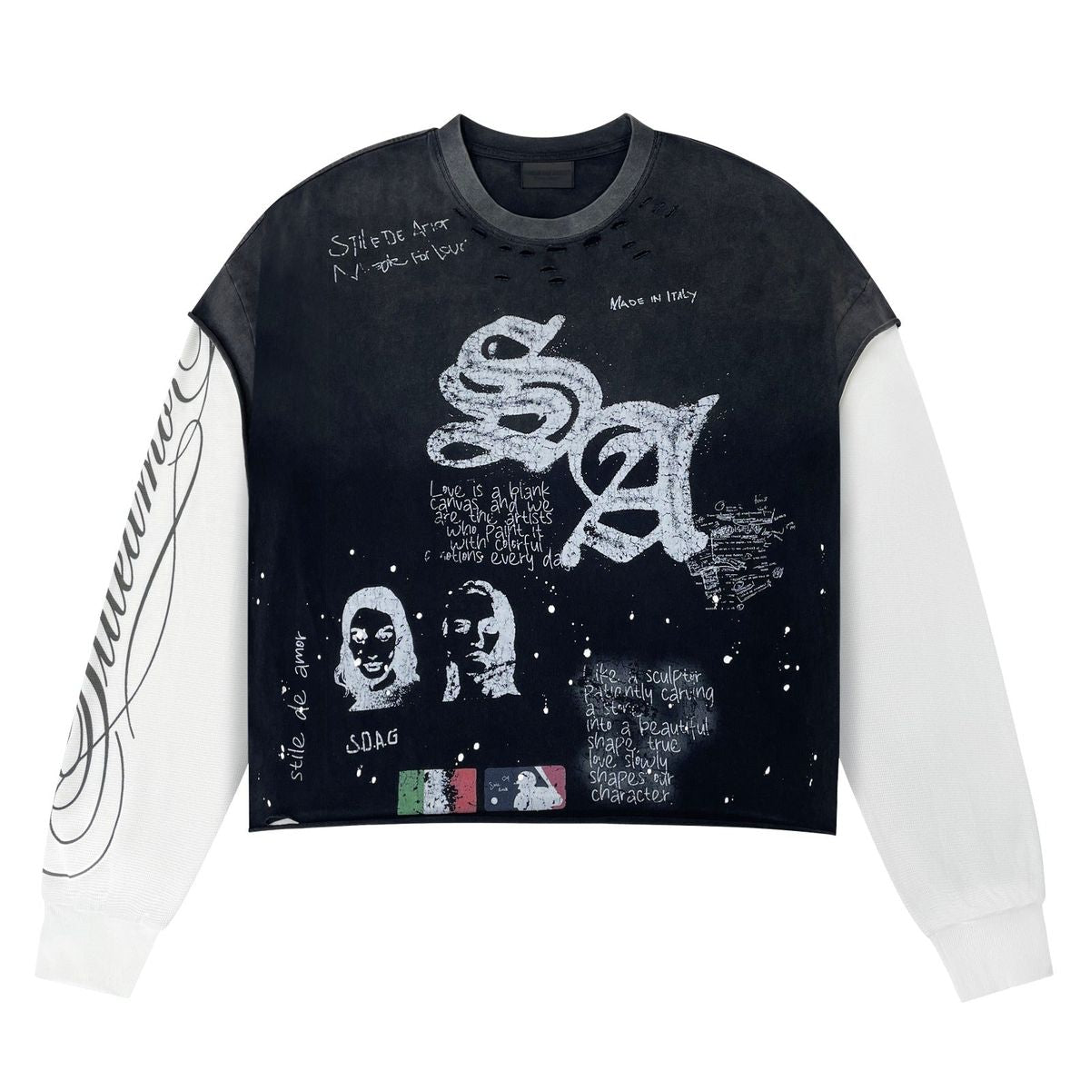 Stile De Amor Black Sqaudra Long Sleeve front with faded black body, SA monogram, portraits and white script sleeves