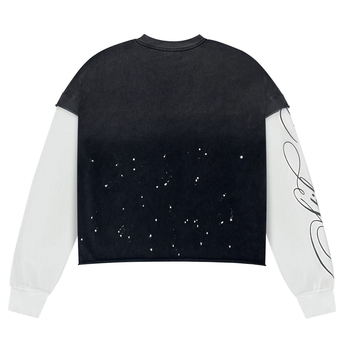Back of the Stile De Amor Black Sqaudra Long Sleeve with white paint speckles and script sleeve