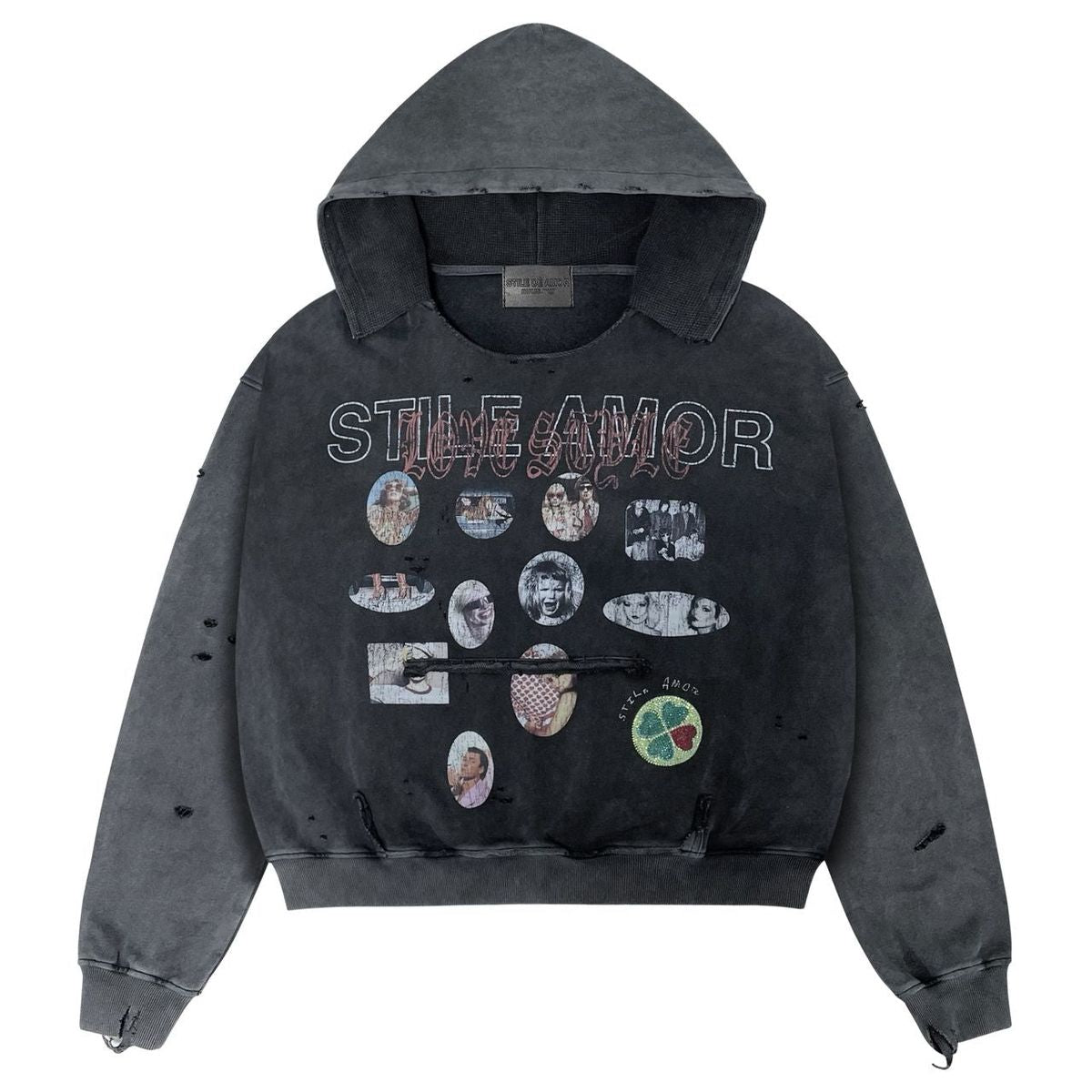 Stile De Amor Sfera Hoodie front in washed charcoal with STILE AMOR wordmark and oval photo patches